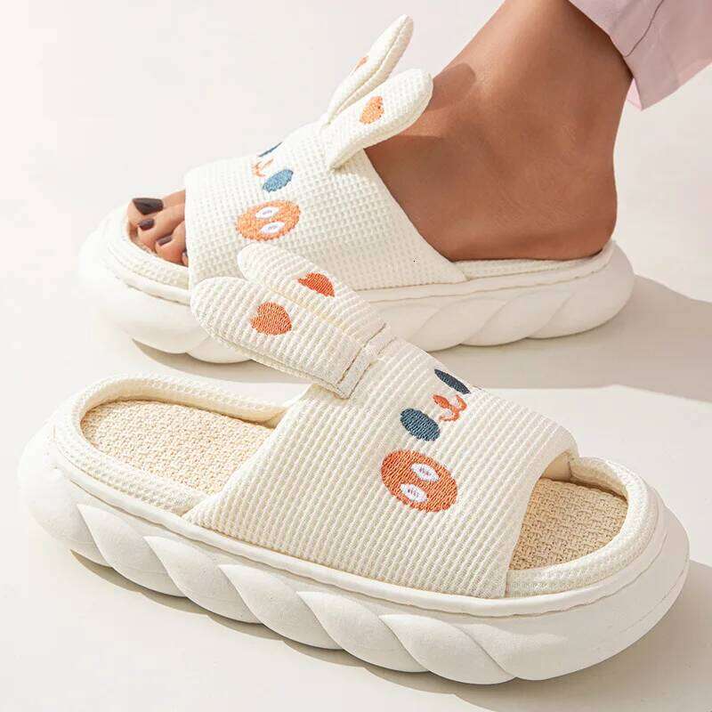 Litfun Thick Bottom Linen Women Lovely Cartoon Home Couple Cute Cow Four Seasons Indoor Flat Slippers
