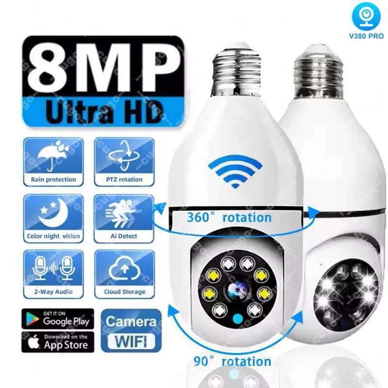 8MP E27 Bulb Surveillance Wifi IP PTZ CCTV Camera 10X Zoom Color Night Vision Human Tracking Security Baby Monitor Cam 26W0306