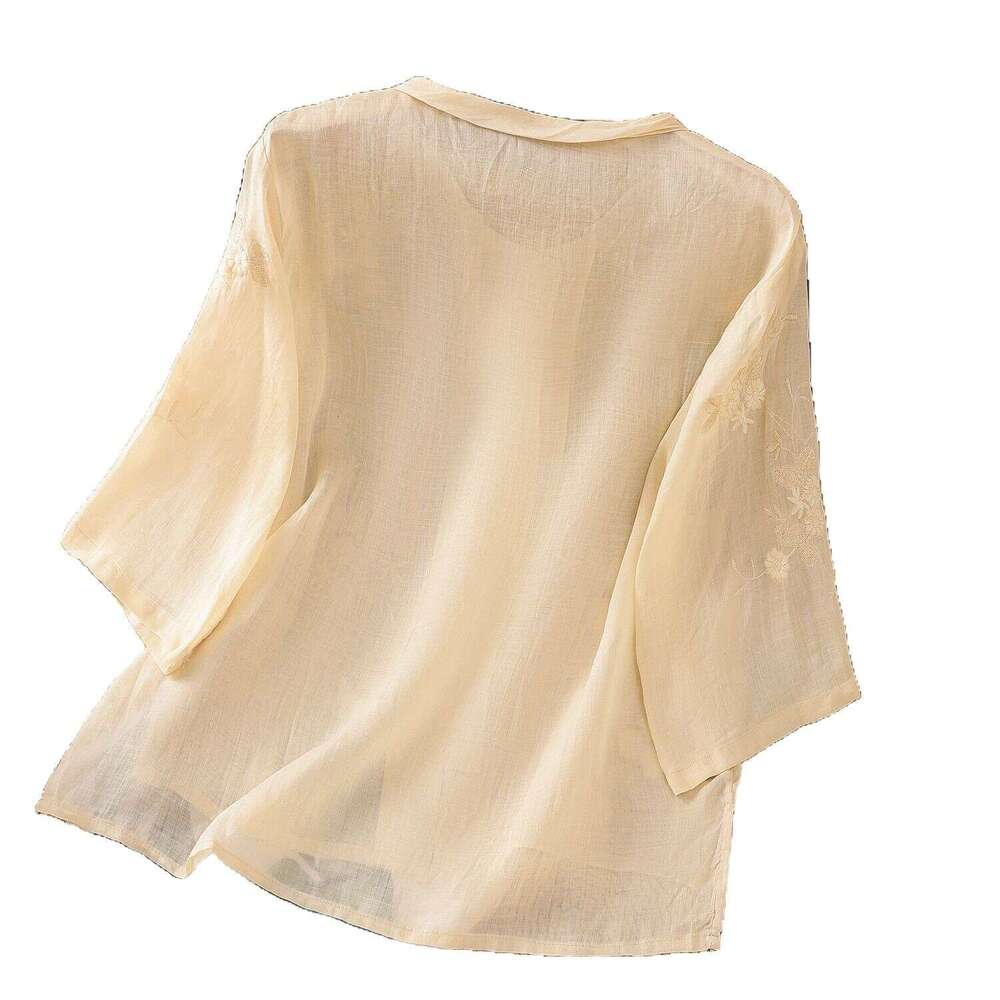 New Chinese style Sle Women's Cotton and Hemp Embroidered Short Sleeve Summer Thin Loose Top Button Classic A-line Version Short Sleeve