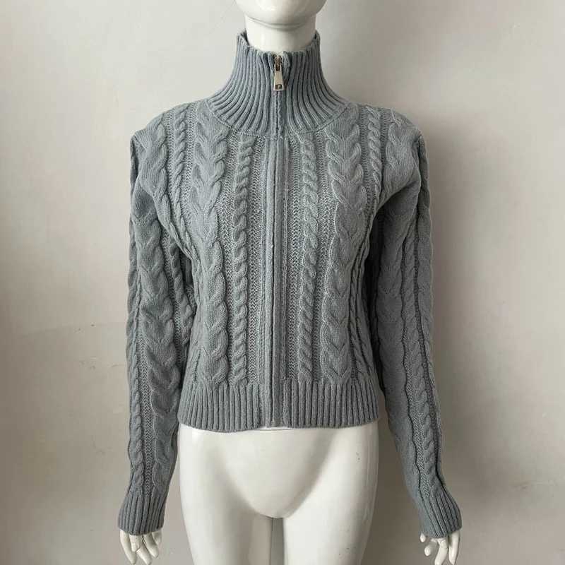 Stand Collar Twist Knitted Cardigan Women Korean Zip Up Long Sleeve Cropped Cardigans Woman Solid Color Slim Fit Sweater Coat M260306