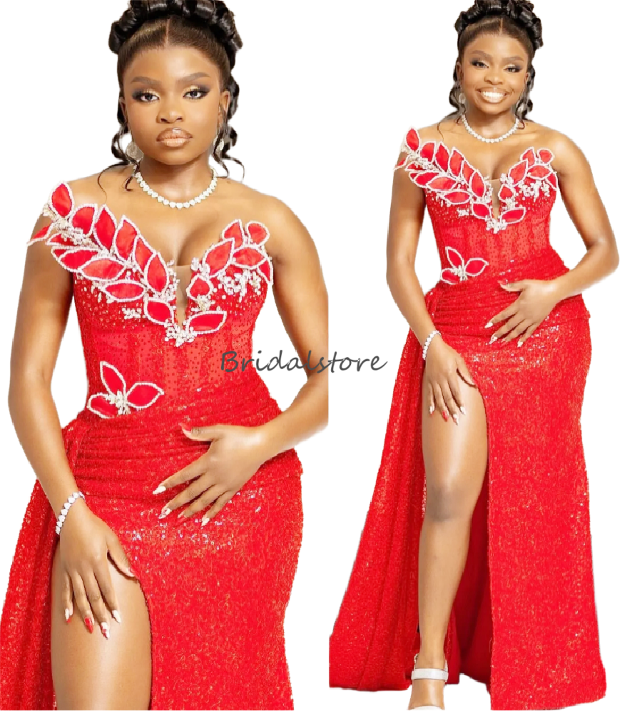 Sparkly Red Sequin Prom Dress For Black Girls Plus Size Sweetheart Mermaid Evening Gowns Sexy High Slit African Nigeria Forma Occasion Aso Ebi Birthda