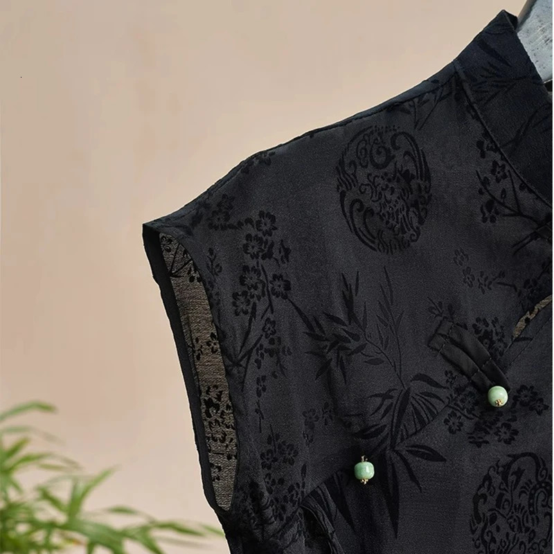 Retro Thin Shirt Chinese Style Cheongsam Top Black Jacquard Short Sleeve T-shirt Summer Mature Fashion Womens Clothing 260306