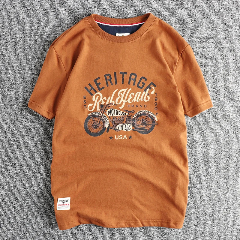 Vintage cotton short sleeve Tshirt Mens Motorcycle Print Summer May Khaki Youth half tee 260302