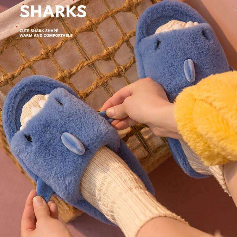 Litfun Plush Shark For Women Men Soft Furry Slippers Winter Indoor Cotton Shoes Open-Toe Non-slip Home Flip Flop