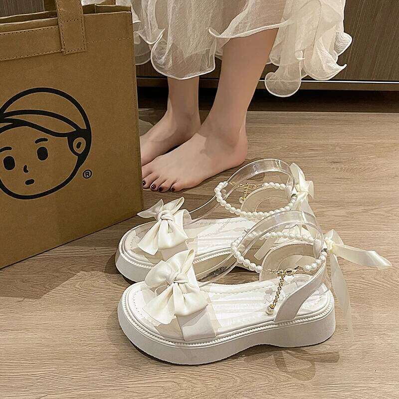 2026 Summer New Bow Design Women's Fashion Thick Bottom Pearl Button Open Toe Sandals