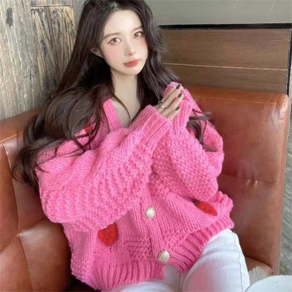Gentle Strawberry Cardigan V-neck Short Top Chunky Knit Sweater Loose Fit Soft Knitted Cute Strawberry Sweater Casual Wear M260306