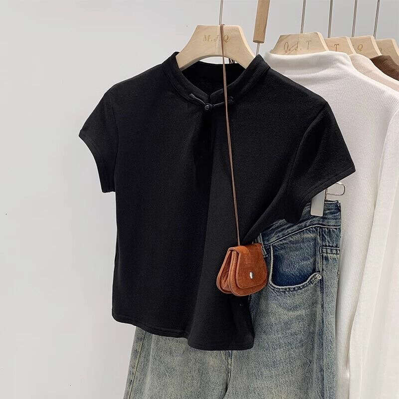 New Chinese T-irt Women's Summer 2026 Stand Collar Button up Top Faionable Design Elegant Chinese Style Short Sleeve T-Shirt