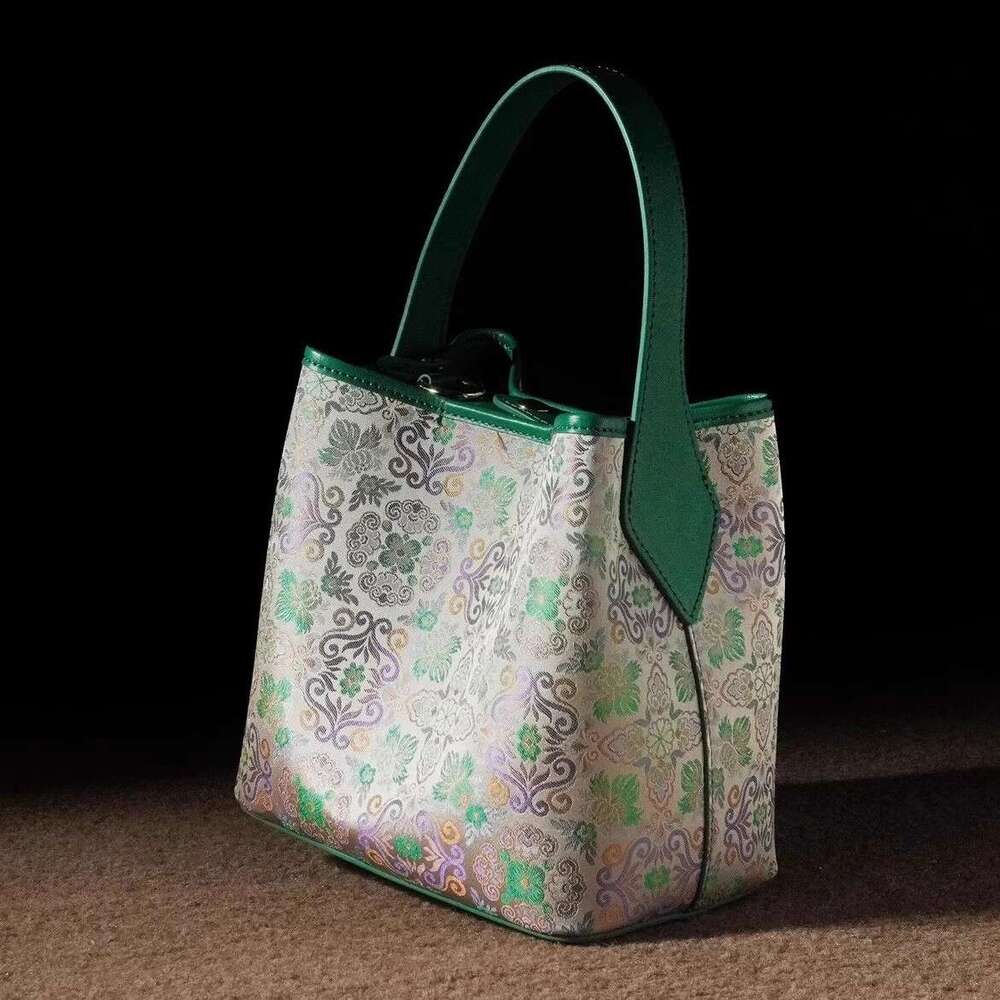 Tote Artistic This Year S Trend Chinese New Song Brocade Bucket For Women National Style Four Flower Purple Green Single Shoulder Crossbody Bag