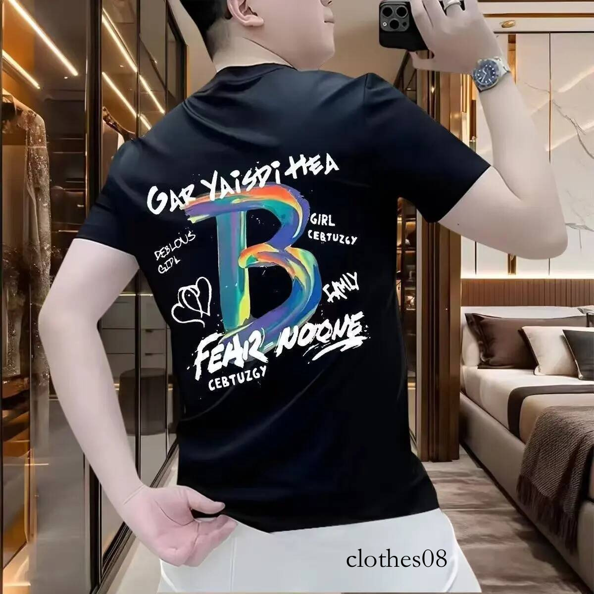 Summer New Trendy Brand Short T-Shirt Letter B Print Unisex Half Sleeve Base Shirt Korean Style Cotton Cartoon