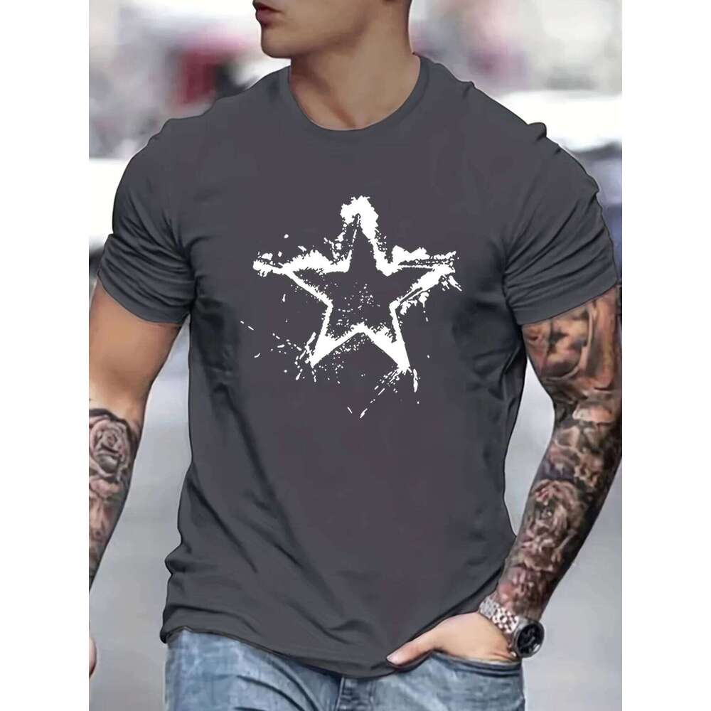 Summer men's cotton casual loose creative pentagram pattern printed comfortable round neck short sleeved T-shirt top 26H0306