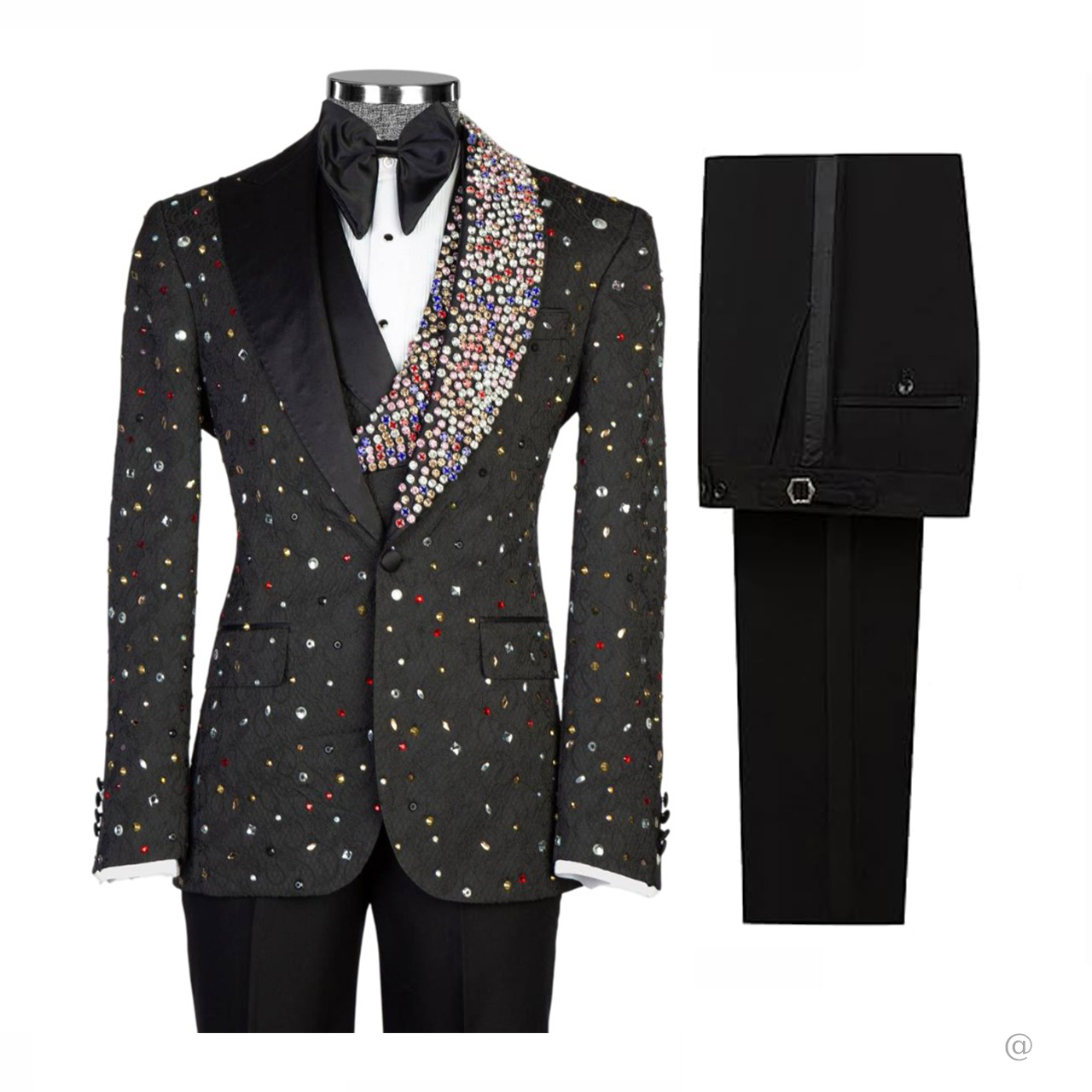 Luxury Men Suits Rhinestone Peaked Lapel Jacquard Blazer 3 Pieces Tailor-Made Jacket One Button Groom Customized Coat Vest Pants Plus Size