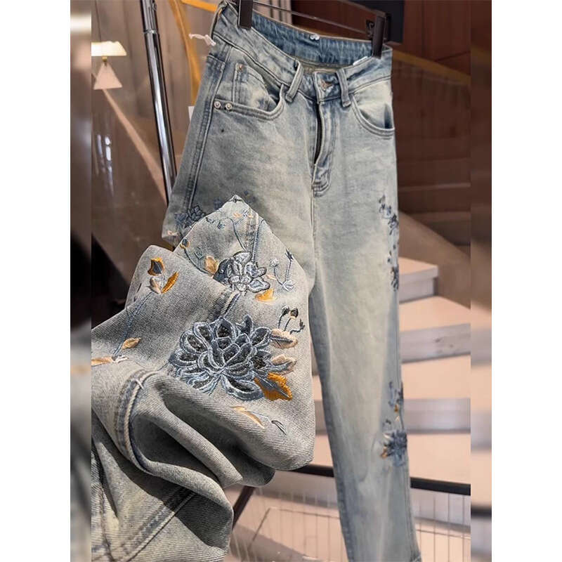 Mardi Hefxessdr Heavy Embroidery Autumn New Jeans Chinese Style High Waist Slim Fit Versatile Stylish Loose Straight Pants pants jeans women's cl