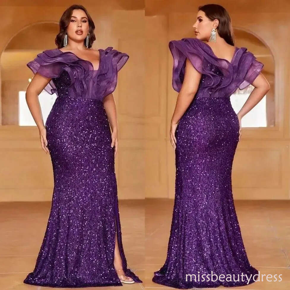 Purple Plus Size Sequined Prom Dresses Mermaid Sheer Plunging Neckline Evening Gowns Beaded Floor Length Special Occasion Dress