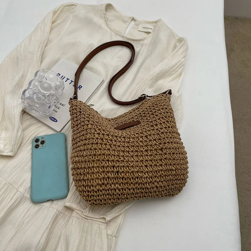 Straw woven bag single shoulder womens fashionable weaving ins style seaside beach crossbody bag for women 260303