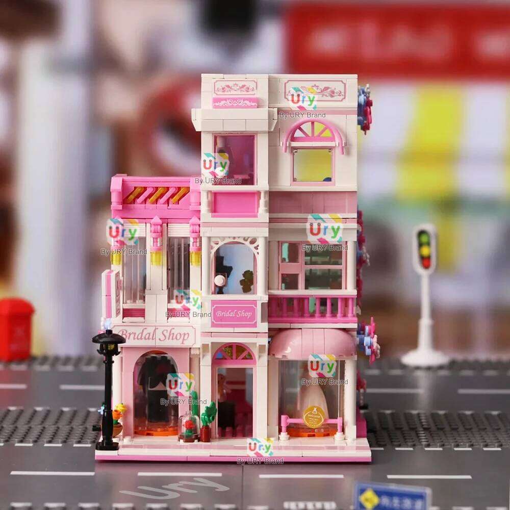 Mini City Street View Friends House Pink Wedding Dress Shop Modular Villa with Light MOC Architecture Building Block Set for Kid Z260305