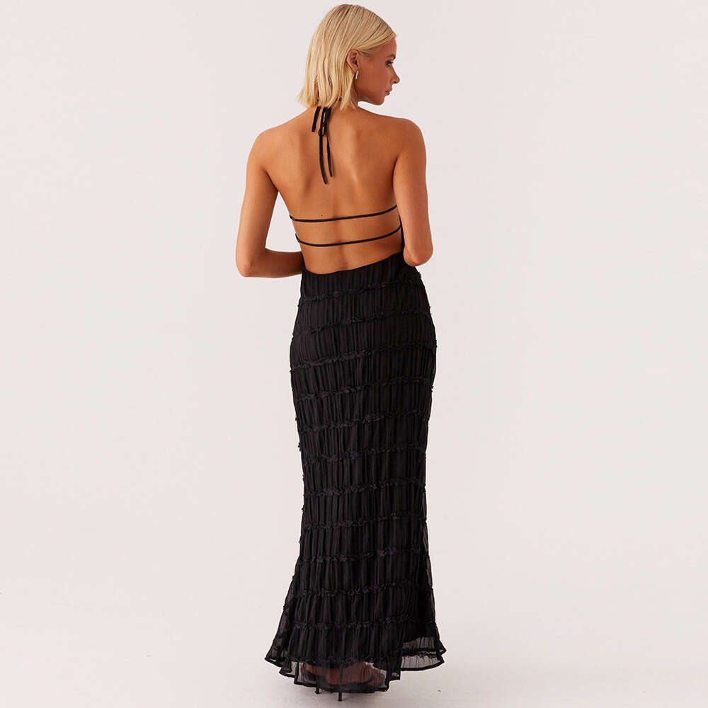 European and American foreign trade women's backless pleated fabric unique dress, new breathable lace-up ruffle long dress