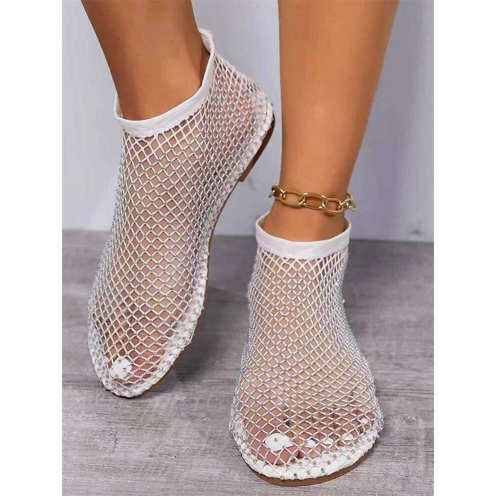 2025 Round Toe Sandals With Hollowed Out Diamond Studded Internet Famous Short Boots Summer Sexy Plus Size Flat Shoes