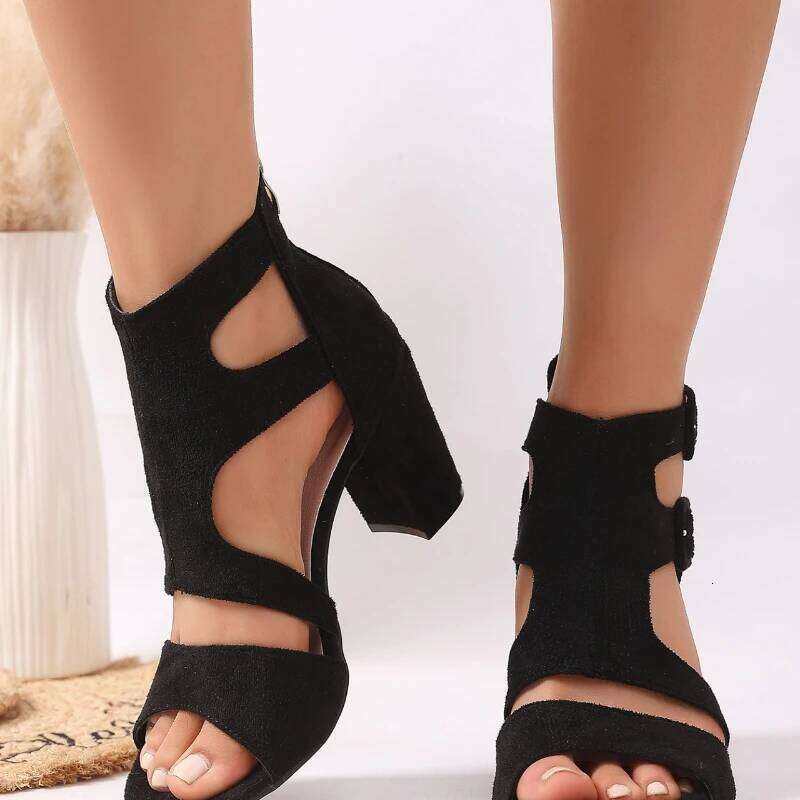 2025 New Fashionable Hollow Design High Heel Outdoor Black Simple Style Women's Sandals
