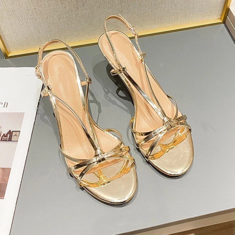 Summer Gold Strappy High Heels Womens One-Strap Thin Heel Temperament Socialite Ladies Open-Toe Sandals 260306