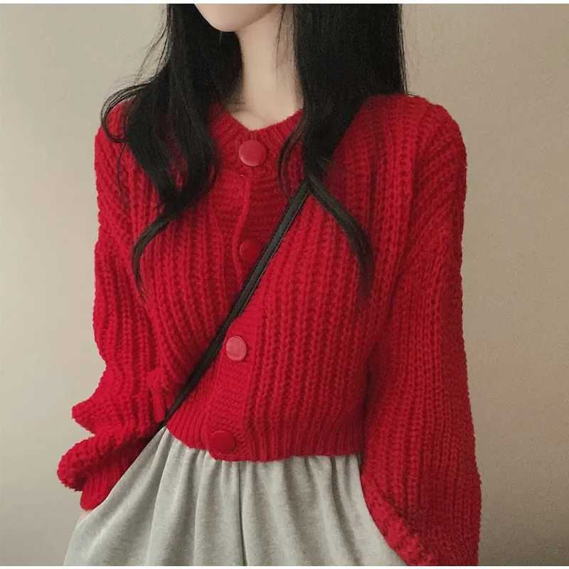Sweet Simple Solid Color O Neck Womens Short Knitted Cardigan Autumn Fashion Button Lady Casual Long Sleeve Jacket Korean New M260306
