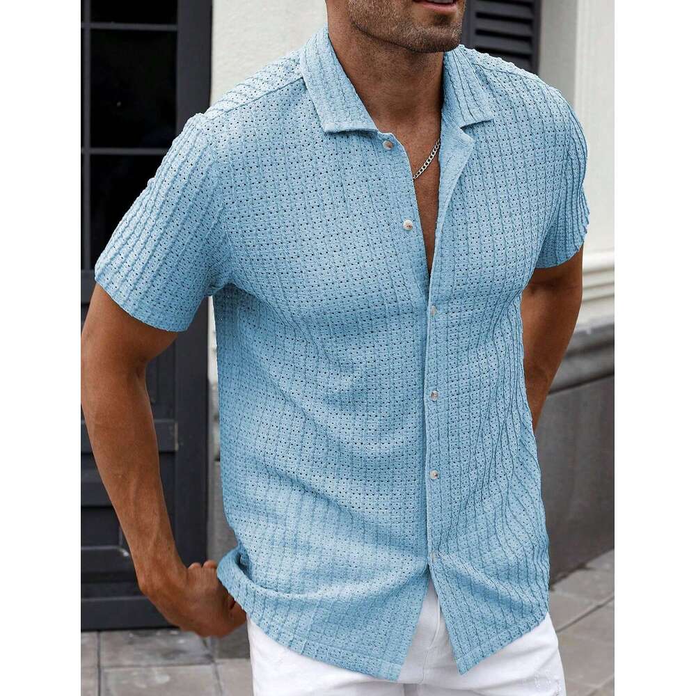 Cross-border temu shein Amazon cross-border foreign trade men's casual striped shirt with turn-down collar and short sleeves