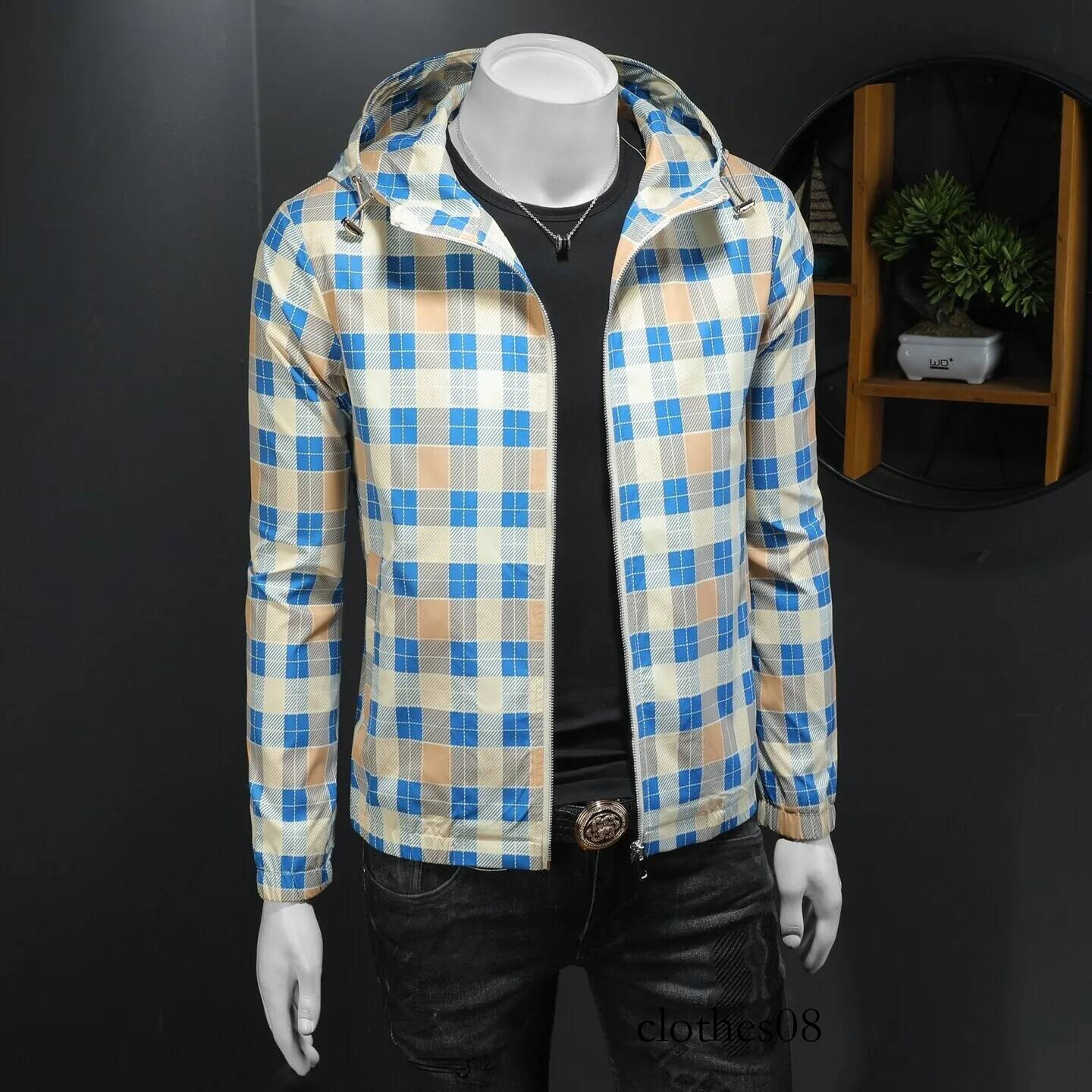 Faionable Plaid Hooded Jaet Spring Autumn High End Men's Outerwear Polyester Fiber Long Sve Zipper Closure