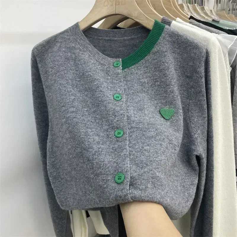 Academic Style Gray Cardigan Crochet Knit w/ Heart Green Buttons Autumn Basic Outerwear Open Front Sweater for Women M260306