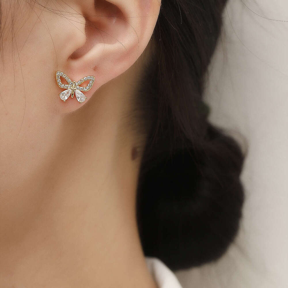 Luxury Commuting Diamond Girl's Bowknot Stud Earrings Korean Style Internet Celebrity Versatile High-End Earrings