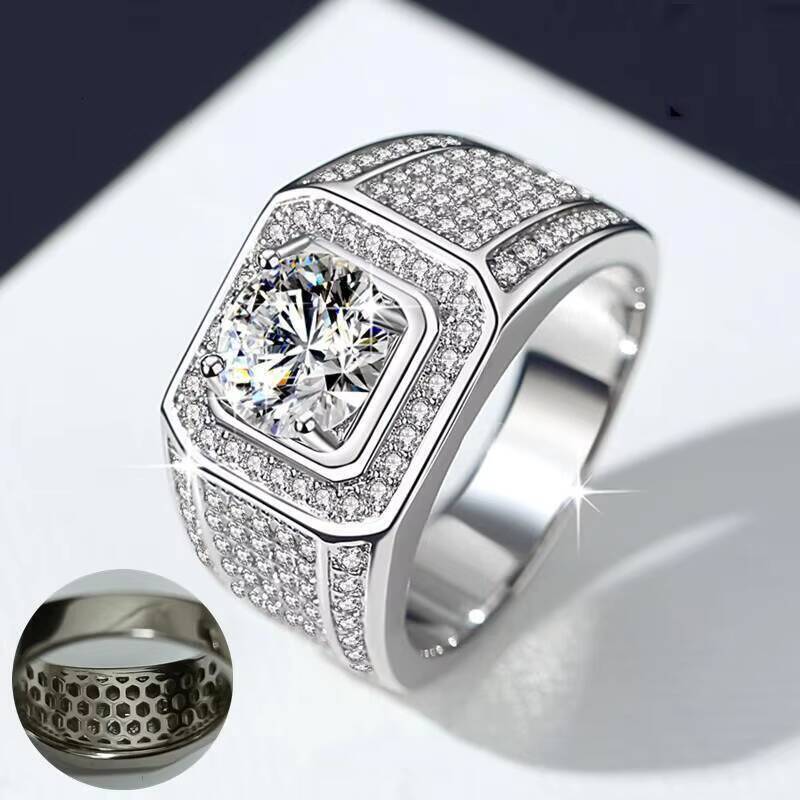 925 Sterling Silver 2 Moissanite Round Brilliant Cut Rhodium Plated Pave Setting Casual/Sporty Wedding Ring for Men