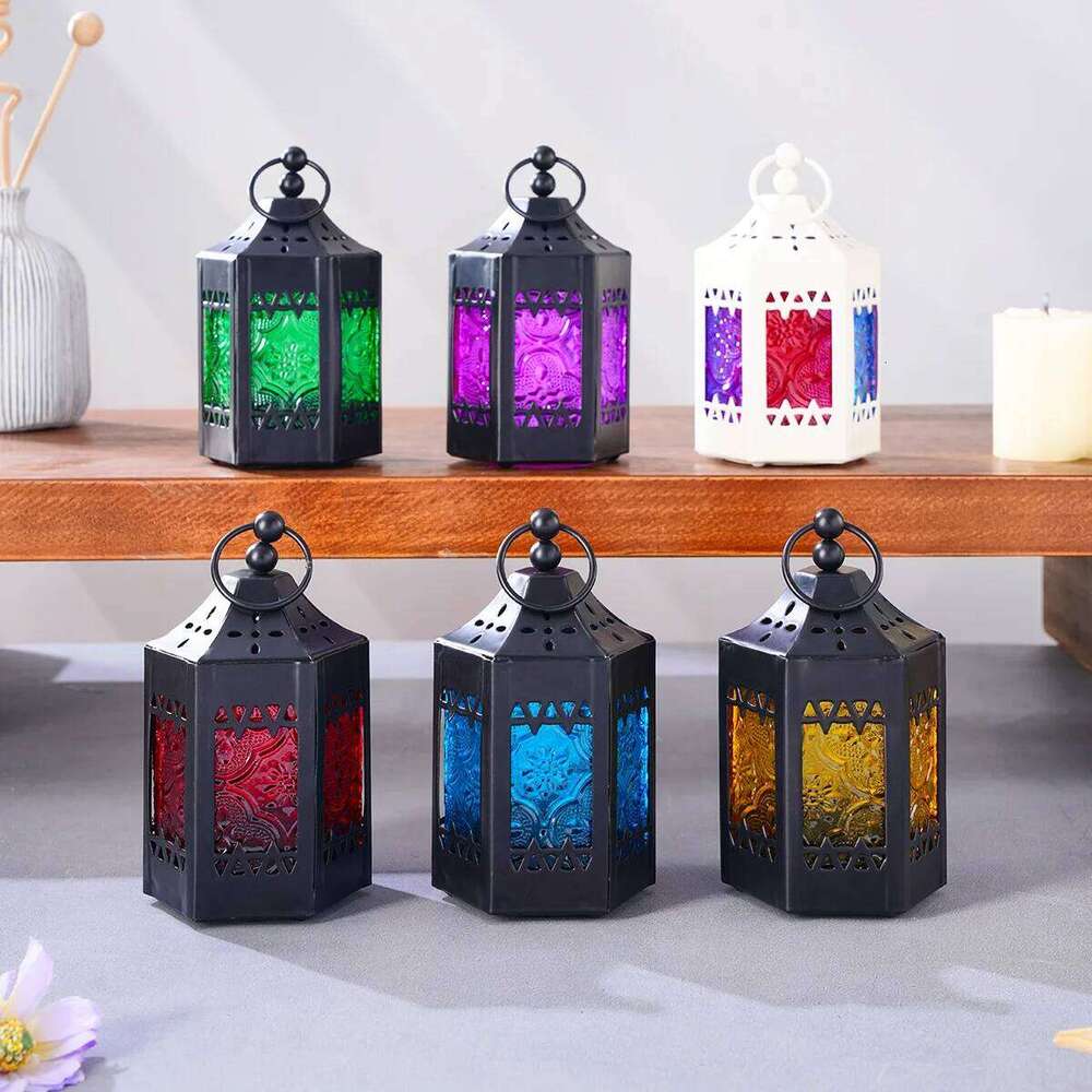 1PC, European retro ironwork, colored windproof glass, hexagonal hollowed-out candlestick lamp XJ260305