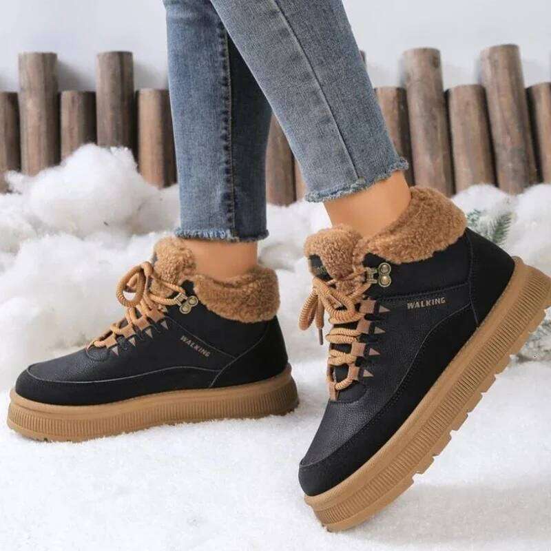 2025 New Thick Bottom Women's Plush Lace Warm Outdoor Non slip Casual Shoes