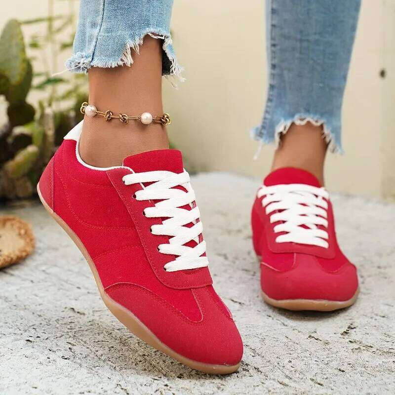 2026 new fashionable casual for women comfortable lace up sneakers simple solid color flat shoes