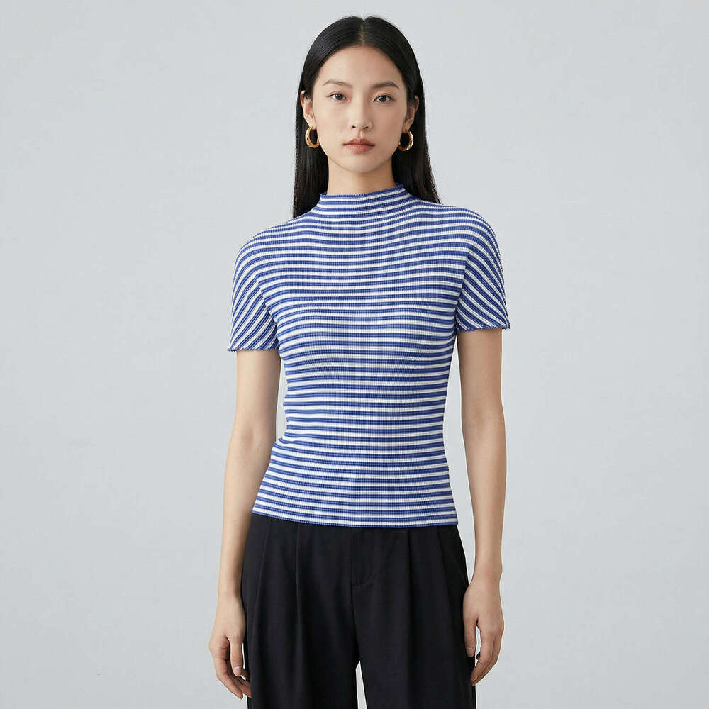 Miyake half-high collar pleated T-shirt for women, 2026 summer new short-sleeve slim-fit blue and white Designer striped top