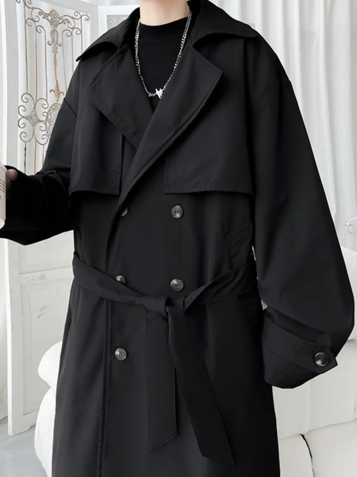Mens Trench Coat Slim fit Double Breasted Belted Windbreaker Lapel Long Jacket Casual Windproof Overcoat Men M5XL 260302