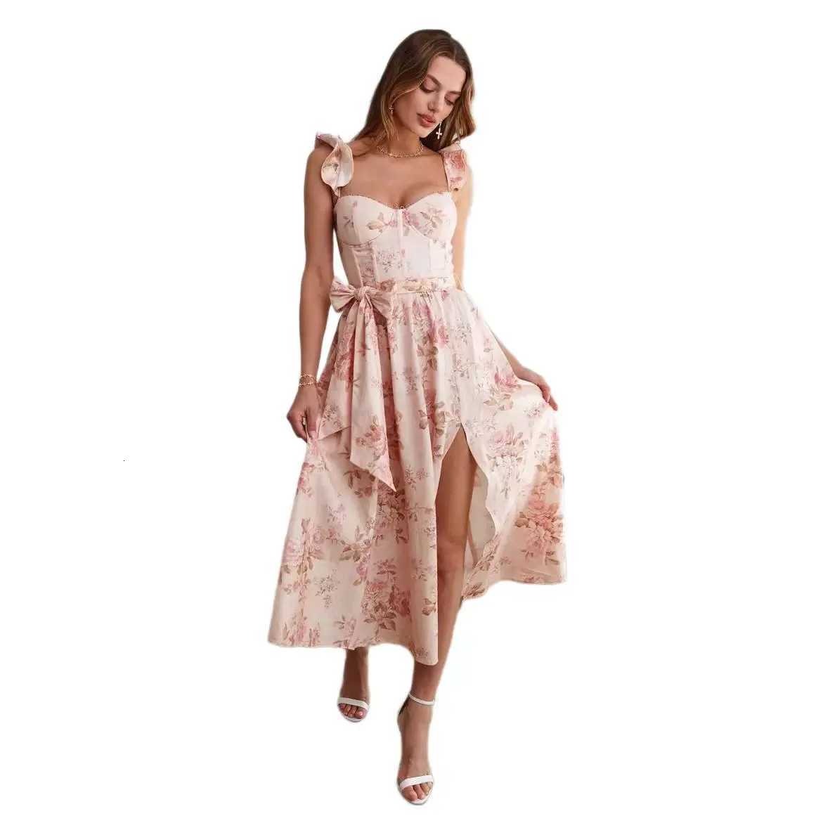 Flowers Print Sleeveless Long Dresses Women Sexy Low Cut Backless Bowknot Leace-up Slit Dress Temperament Lady Vestidos New X260306
