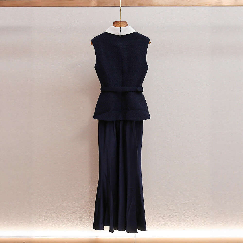 2026 Spring and Autumn New Elegant High end Social Style Waist Vest e22 Women's Fake Two piece Satin Long sleeved Dress