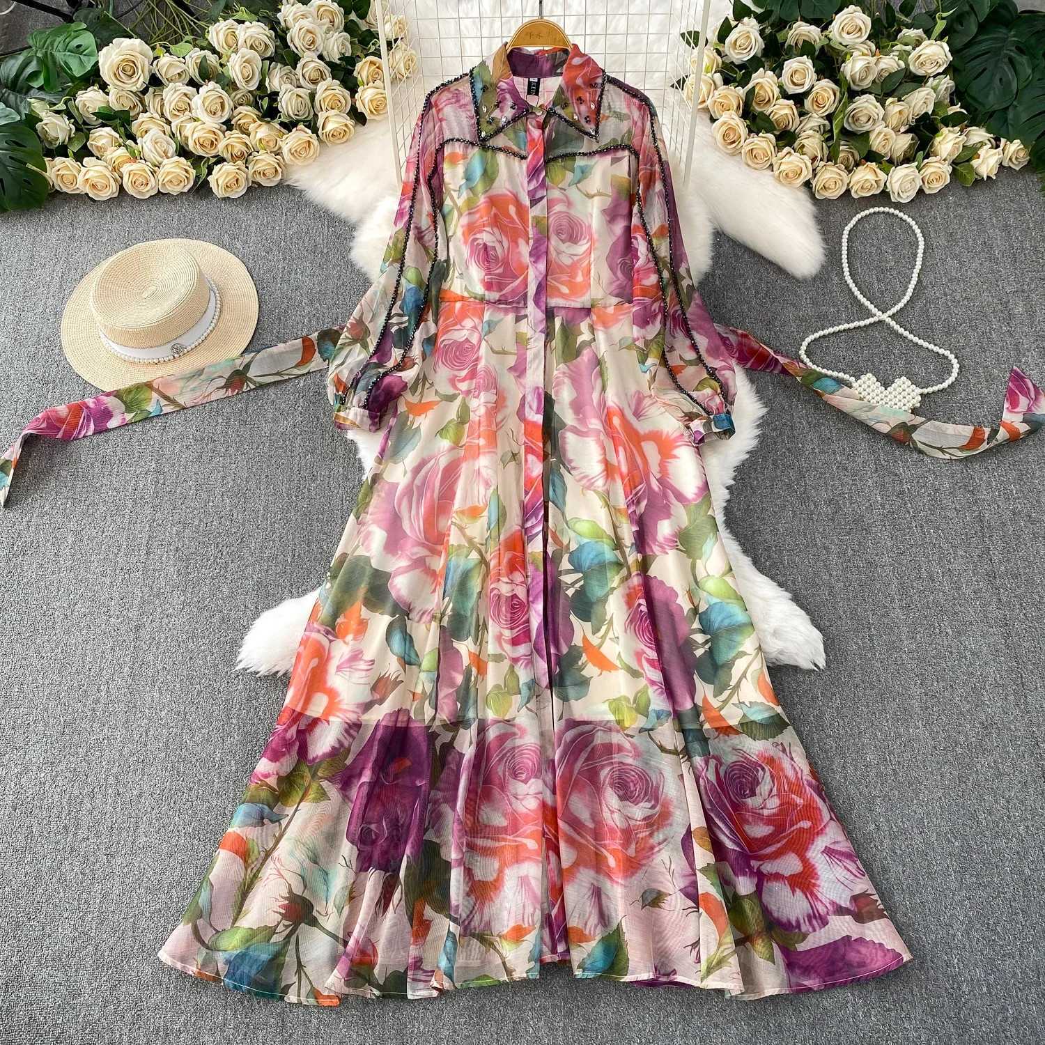 French Style Light Luxury Diamonds Dress Turn-down Collr Long Sleeve Single Breasted Big Swing Robe Vacation Print Vestidos X260306