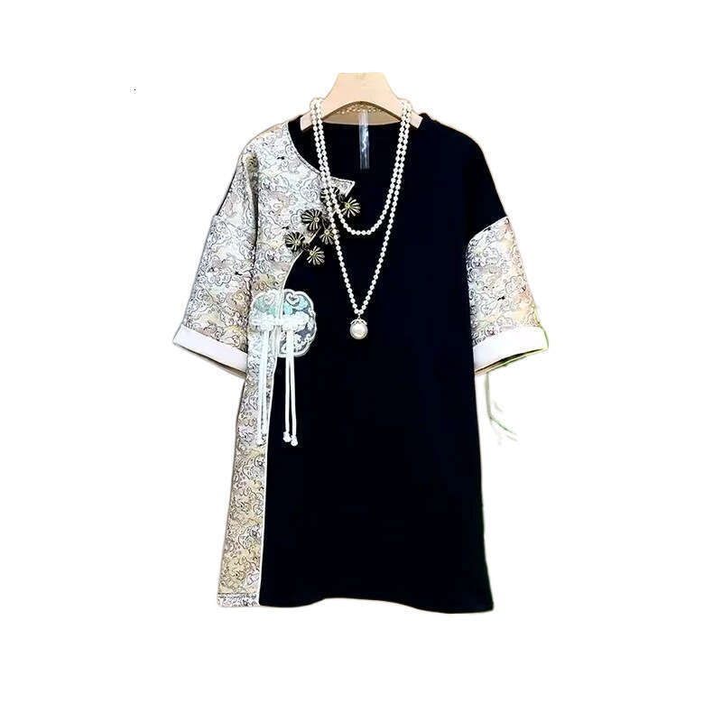 Summer Vintage O-neck Tops Ladies Patchwork Pullovers Women's Clothing Buttons Chinese Style Short Sleeve T-Shirts Chinese Style Age Reducing Fem