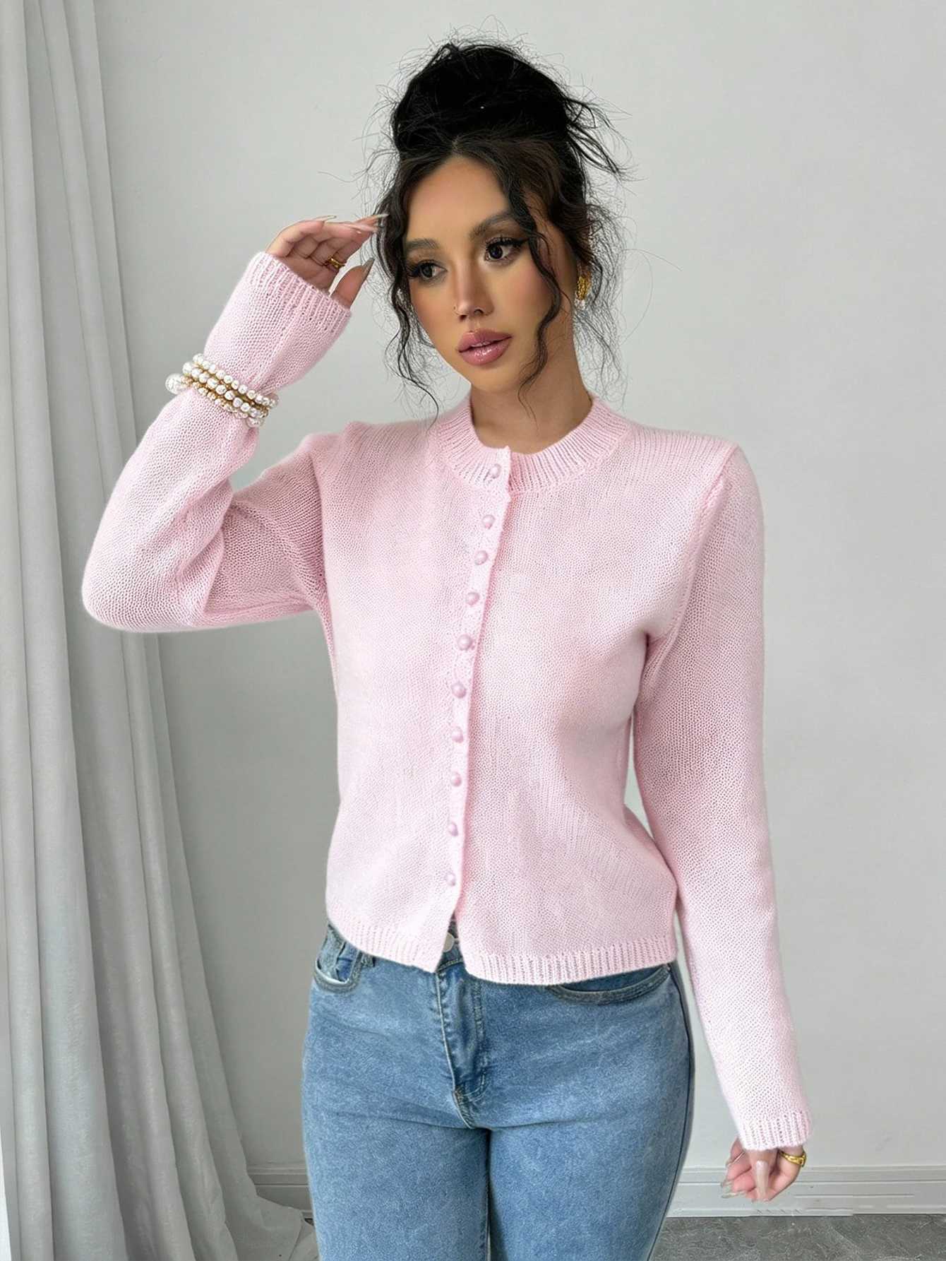 New Autumn/Spring/Summer Womens Cardigan Sweater Pink Fitted Round Neck Knit Cardigan Casual and Elegant Versatile for Everyday Wear M260306