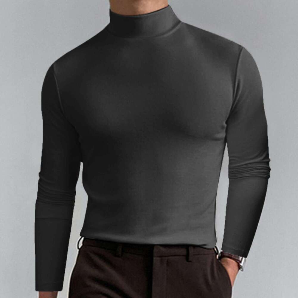 Amazon Foreign Trade European and American Clothing 2023 Autumn Winter High Collar Long Sleeve T-Shirt Men's Base Shirt Comfortable Solid Color T