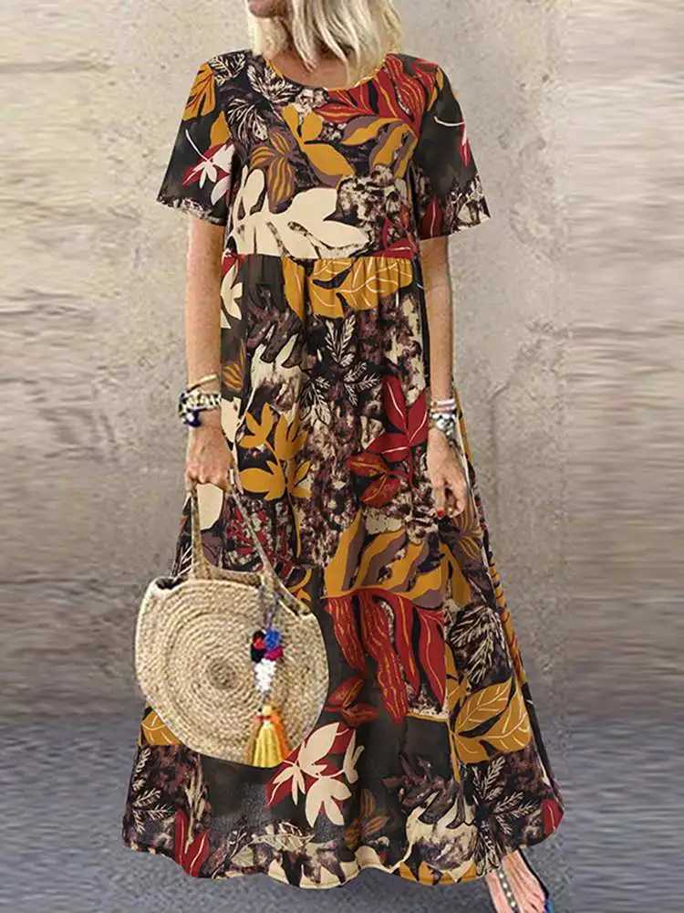 ZANZEA 2023 Vintage Printed Dress Womens Summer Sundress Casual Short Sleeve Maxi Vestidos Female O Neck Floral Robe Femme X260306