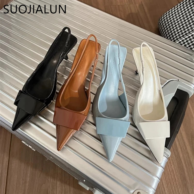 SUOJIALUN Spring Women Sandal Fashion Buckle Ladies Elegant Dress Slingback Shoes Thin High Heel Pointed Toe Pump 260303
