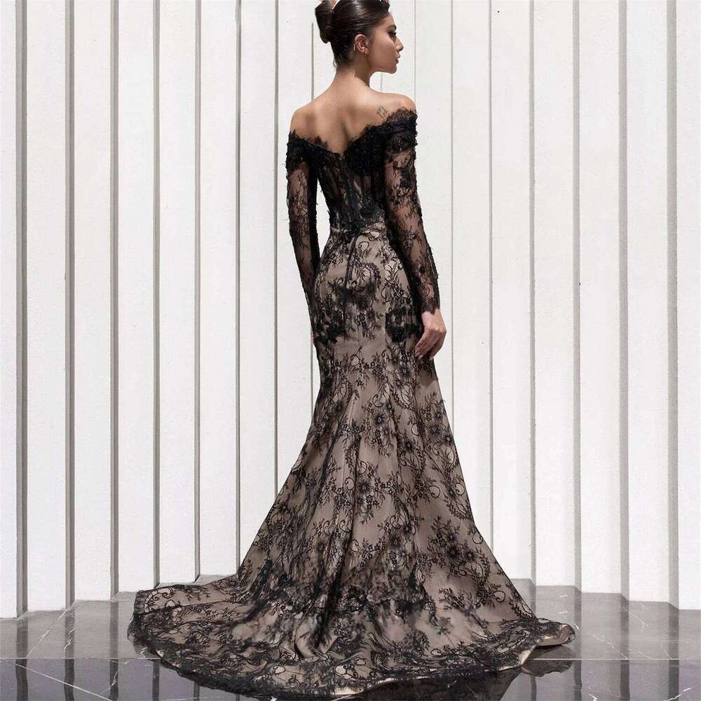 Lace Black Long Sleeves Bespoke Occasion Gown Evening Dresses Prom Pastrol Unisex Jersey Retro Dubai Saudi Arabic Customized