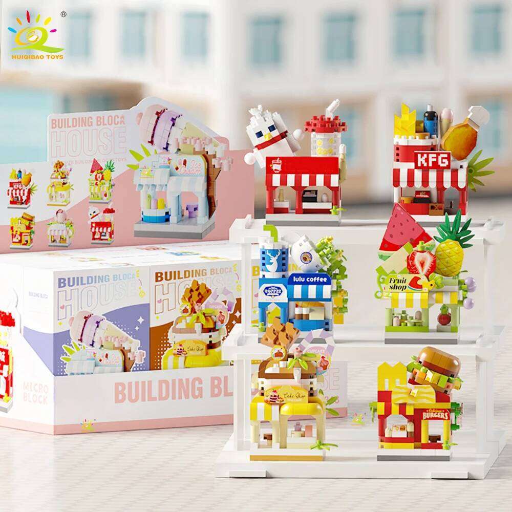 HUIQIBAO MOC Street Shop model Micro Building Block Burger Fried Flower Model Mini Brick Toy for Children Desk Decoration Z260306