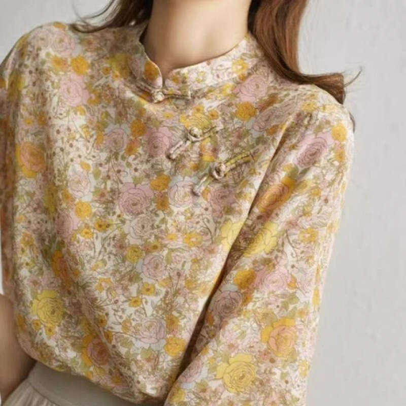 Hot Chinese Style Chi-pao Collar Design Button Tops 2024 Summer Women Date Girls Yellow Floral Print Retro Shirt Blouse Vintage