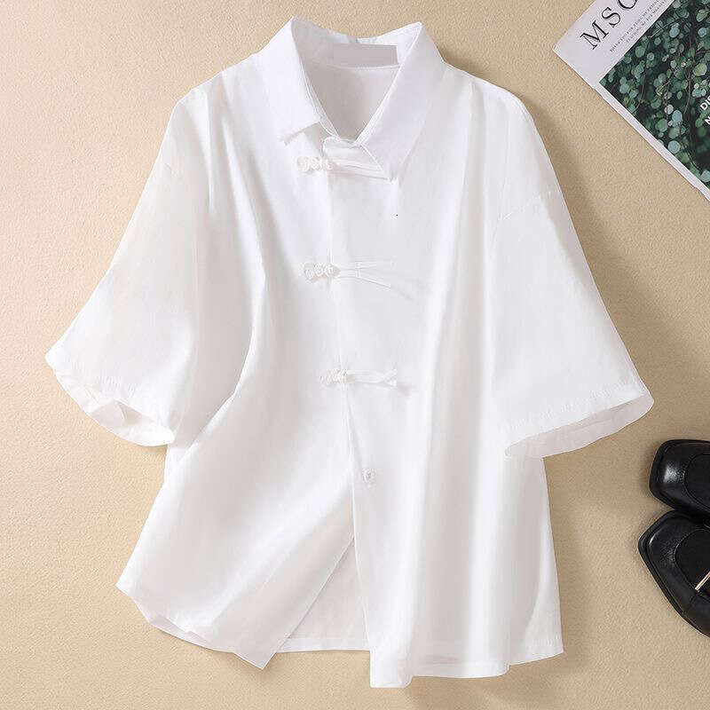 Retro Slanted Placket Buckle Loose Long Sleeve Pure Cotton Slit DesignChinese Cross-Button Shirt Summer Turn-down Collar Casual Loose Irregular Women 