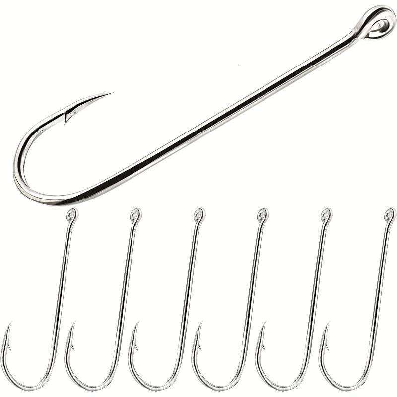 50 pieces/box Aberdeen extended straight handle hooks, carbon stainless steel fish hooks for freshwater and saltwater use S260305