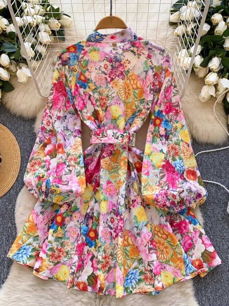 France Elegant Vintage Evening Dress Women Print Sashes Button Short Party Dress Female Casual Chic Festival Clothing New X2603061