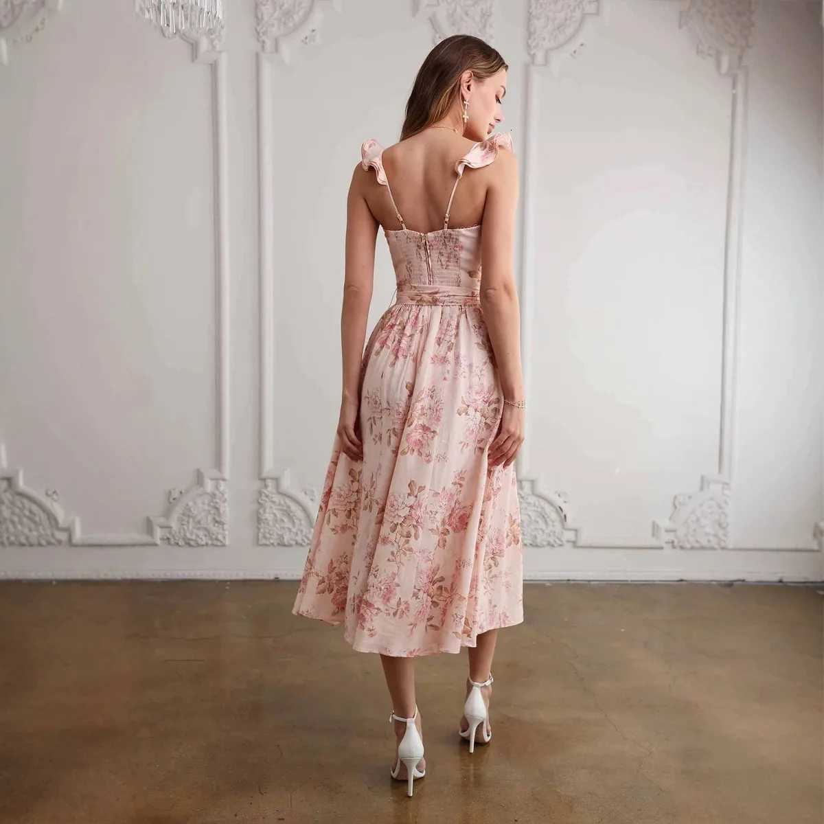 Flowers Print Sleeveless Long Dresses Women Sexy Low Cut Backless Bowknot Leace-up Slit Dress Temperament Lady Vestidos New X260306