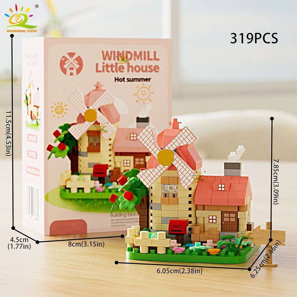 HUIQIBAO Cute MOC Windmill House model Micro Building Block Street View Model Mini Brick Toy for Children Desk Home Decoration Z260306